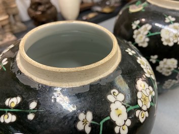 A pair of Chinese famille noire jars and covers, 19th C.