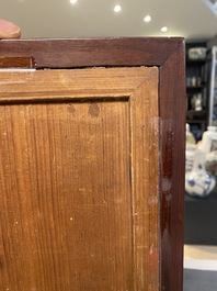 A Chinese wooden table screen with a qianjiang cai plaque, 19th C.