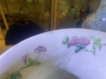 A pair of Chinese famille rose turquoise-ground vases with butterfly handles, 19th C.