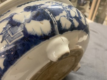 A Chinese blue and white tripod censer with figures in a mountainous landscape, Kangxi