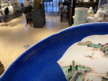 A Chinese famille verte powder blue-ground dish, 19th C.