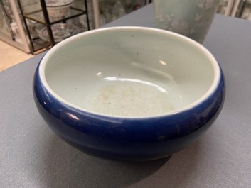 A Chinese monochrome blue censer and a white slip-decorated celadon vase, 18/19th C.