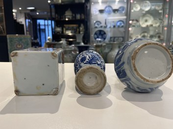 Two Chinese blue and white cups, a covered vase, a kendi and an Imari-style tea caddy, Wanli and Kangxi