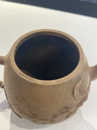 A Chinese Yixing stoneware teapot with squirrels and butterflies, seal mark, 18th C.