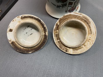 A pair of Chinese qianjiang cai vases and covers with antiquities, 19/20th C.