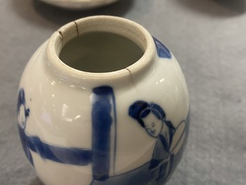 Two Chinese blue and white tea caddies and covers, Kangxi