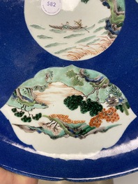 A Chinese famille verte powder blue-ground dish, 19th C.