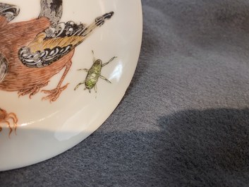 A Chinese famille rose 'bird and insects' cup and saucer, Yongzheng