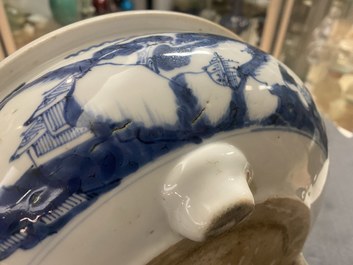 A Chinese blue and white tripod censer with figures in a mountainous landscape, Kangxi
