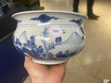 A Chinese blue and white censer with figures in a mountainous landscape, Kangxi