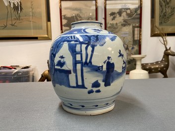 A Chinese blue and white jar with figures in a landscape, hare mark, Wanli