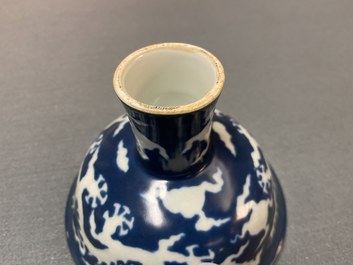 A Chinese blue-ground incised 'dragon' stem cup, Xuande mark, Republic