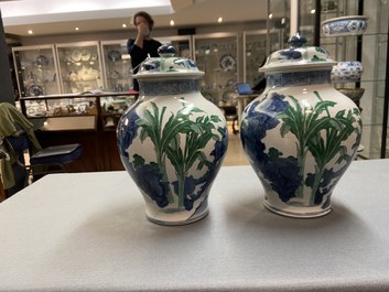 Een paar Chinese wucai dekselpotten, 19/20e eeuw
