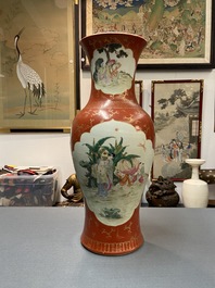 A Chinese famille rose coral red-ground vase, Qianlong mark, Republic