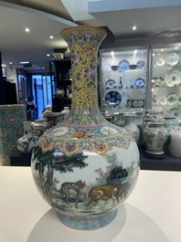 A Chinese famille rose bottle vase with dogs, Qianlong mark, Republic