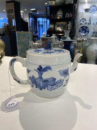 A Chinese blue and white 'antiquities' teapot and cover, Kangxi