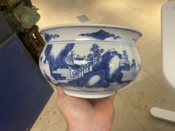 A Chinese blue and white censer with figures in a mountainous landscape, Kangxi