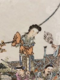 A Chinese wooden table screen with a qianjiang cai plaque, 19th C.