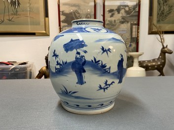 A Chinese blue and white jar with figures in a landscape, hare mark, Wanli