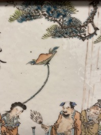 A Chinese wooden table screen with a qianjiang cai plaque, 19th C.