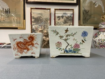 Two Chinese famille rose and iron-red jardini&egrave;res with Buddhist lions and birds among blossoms, 19th C.