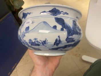 A Chinese blue and white censer with figures in a mountainous landscape, Kangxi