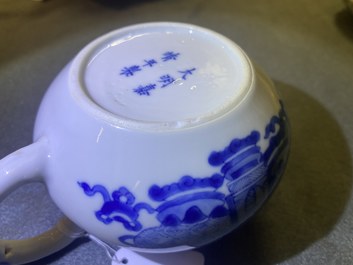 A Chinese blue and white 'antiquities' teapot and cover, Jiajing mark, Kangxi
