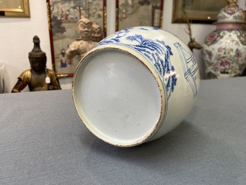 A Chinese wucai rouleau vase and a blue, white and copper-red vase, 19/20th C.