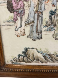 A Chinese wooden table screen with a qianjiang cai plaque, 19th C.