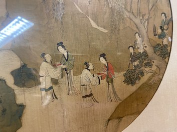 Chinese school, ink and color on silk: 'Figures in a mountainous landscape', Qing