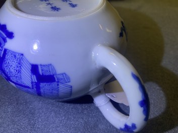 A Chinese blue and white 'antiquities' teapot and cover, Jiajing mark, Kangxi