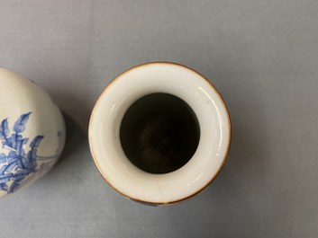 A Chinese wucai rouleau vase and a blue, white and copper-red vase, 19/20th C.