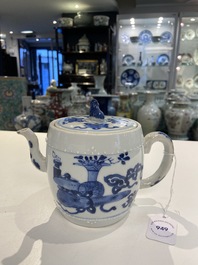 A Chinese blue and white 'antiquities' teapot and cover, Kangxi