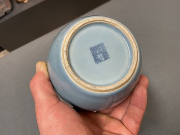A Chinese monochrome lavender-blue brush washer with a dragon, Yongzheng mark, Republic
