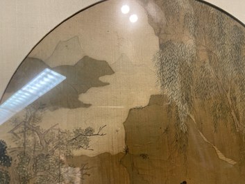 Chinese school, ink and color on silk: 'Figures in a mountainous landscape', Qing