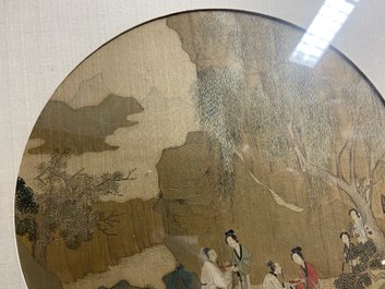 Chinese school, ink and color on silk: 'Figures in a mountainous landscape', Qing