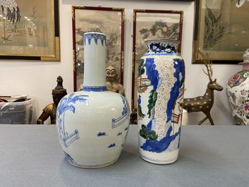 A Chinese wucai rouleau vase and a blue, white and copper-red vase, 19/20th C.