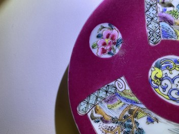 Three Chinese famille rose ruby-ground cups and saucers, Yongzheng