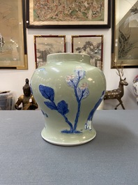A Chinese blue, white and copper-red celadon-ground vase, Kangxi