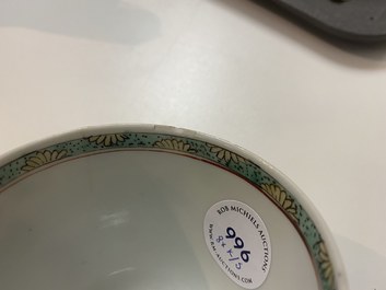 Eight Chinese famille rose and verte cups and saucers, Kangxi/Qianlong