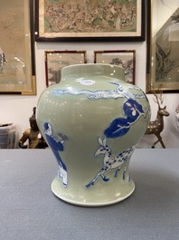 A Chinese blue, white and copper-red celadon-ground vase, Kangxi