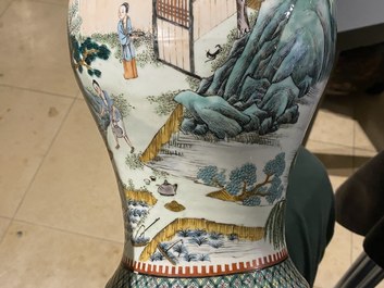 A Chinese famille verte 'yenyen' 'rice production' vase and a large blue and white 'peacock' dish, 19th C.