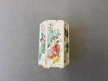 A hexagonal Chinese famille rose brush pot with figurative panels, Yongzheng
