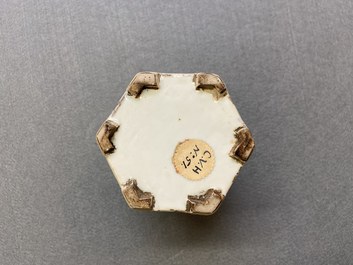 A hexagonal Chinese famille rose brush pot with figurative panels, Yongzheng