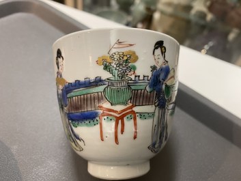 Eight Chinese famille rose and verte cups and saucers, Kangxi/Qianlong