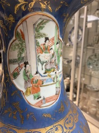 A Chinese famille verte powder blue-ground vase and a famille rose vase, 19th C.
