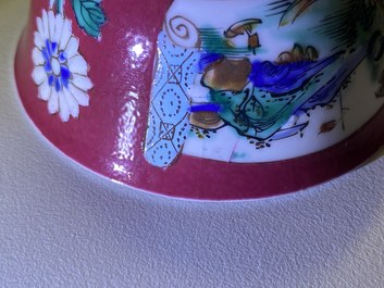 Three Chinese famille rose ruby-ground cups and saucers, Yongzheng