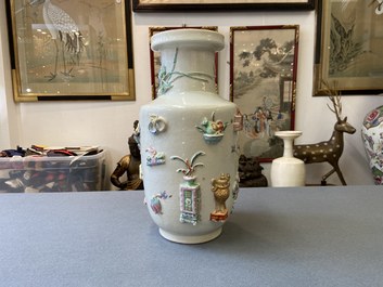 A Chinese famille rose vase with applied 'antiquities' design, Yongzheng