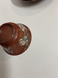 A pair of Chinese famille rose 'faux-bois' cups and saucers, Yongzheng/Qianlong