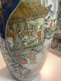 A Chinese famille verte powder blue-ground vase and a famille rose vase, 19th C.